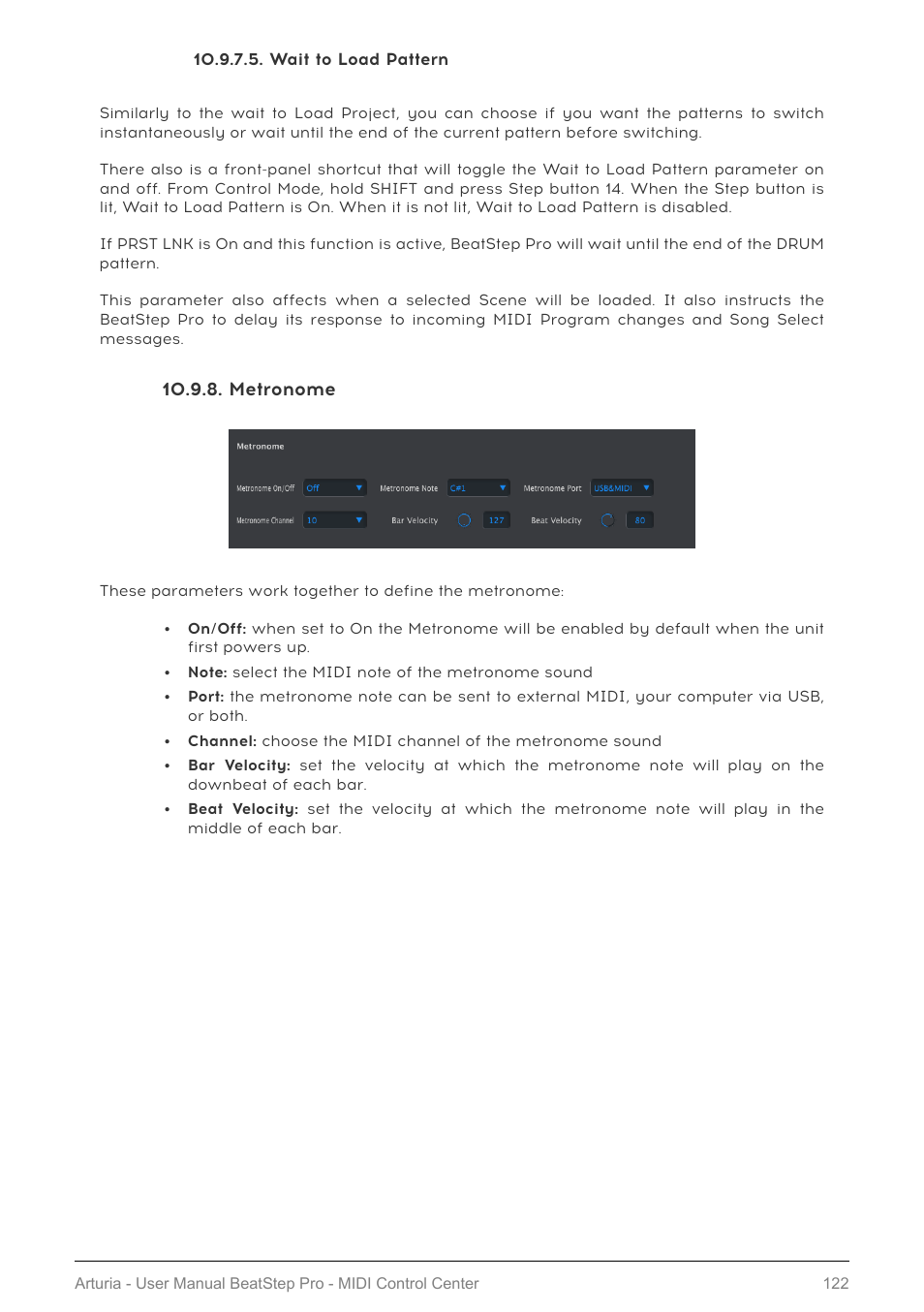 Wait to load pattern, Metronome, Instant or wait until end [p.122 | Wait to load pattern [p.122 | Arturia BeatStep Pro MIDI/Analog Controller and Sequencer Kit with CV/Gate Cables (Black) User Manual | Page 127 / 137