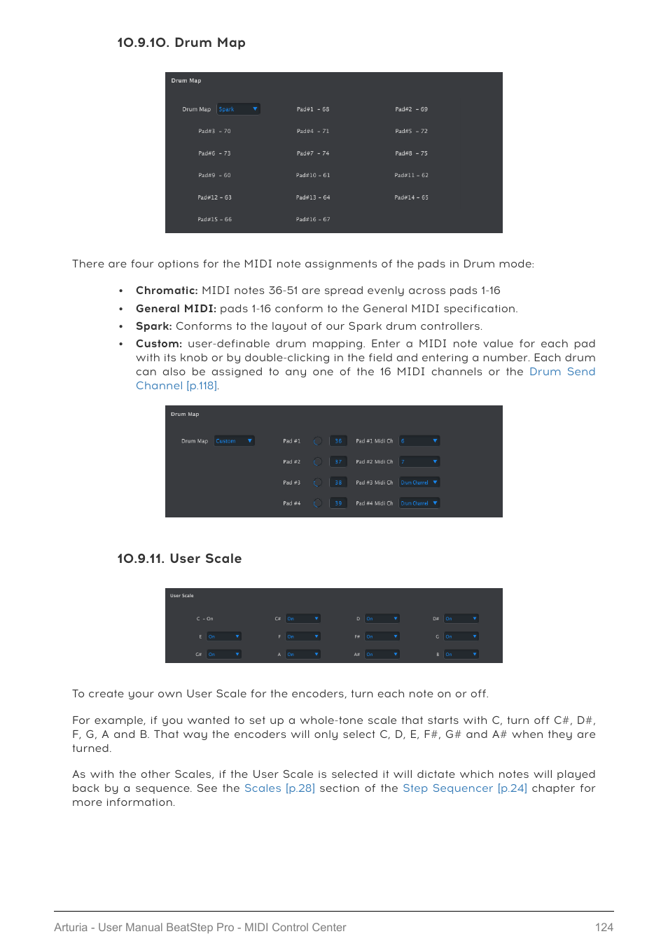 Drum map, User scale, User scale [p.124 | Arturia BeatStep Pro MIDI/Analog Controller and Sequencer Kit with CV/Gate Cables (Black) User Manual | Page 129 / 137