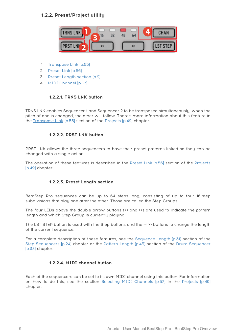 Preset/project utility, Trns lnk button, Prst lnk button | Preset length section, Midi channel button, Preset/project utility [p.9 | Arturia BeatStep Pro MIDI/Analog Controller and Sequencer Kit with CV/Gate Cables (Black) User Manual | Page 14 / 137