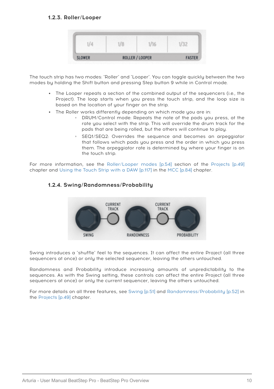 Roller/looper, Swing/randomness/probability, Roller/looper [p.10 | Swing/randomness/probability [p.10 | Arturia BeatStep Pro MIDI/Analog Controller and Sequencer Kit with CV/Gate Cables (Black) User Manual | Page 15 / 137