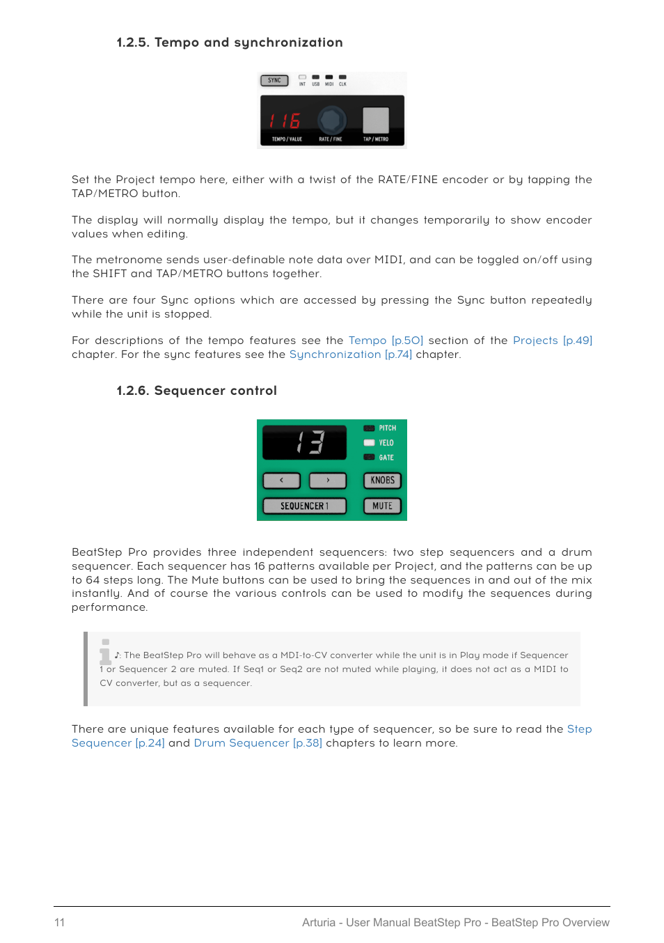 Tempo and synchronization, Sequencer control, Tempo and synchronization [p.11 | Sequencer control [p.11 | Arturia BeatStep Pro MIDI/Analog Controller and Sequencer Kit with CV/Gate Cables (Black) User Manual | Page 16 / 137