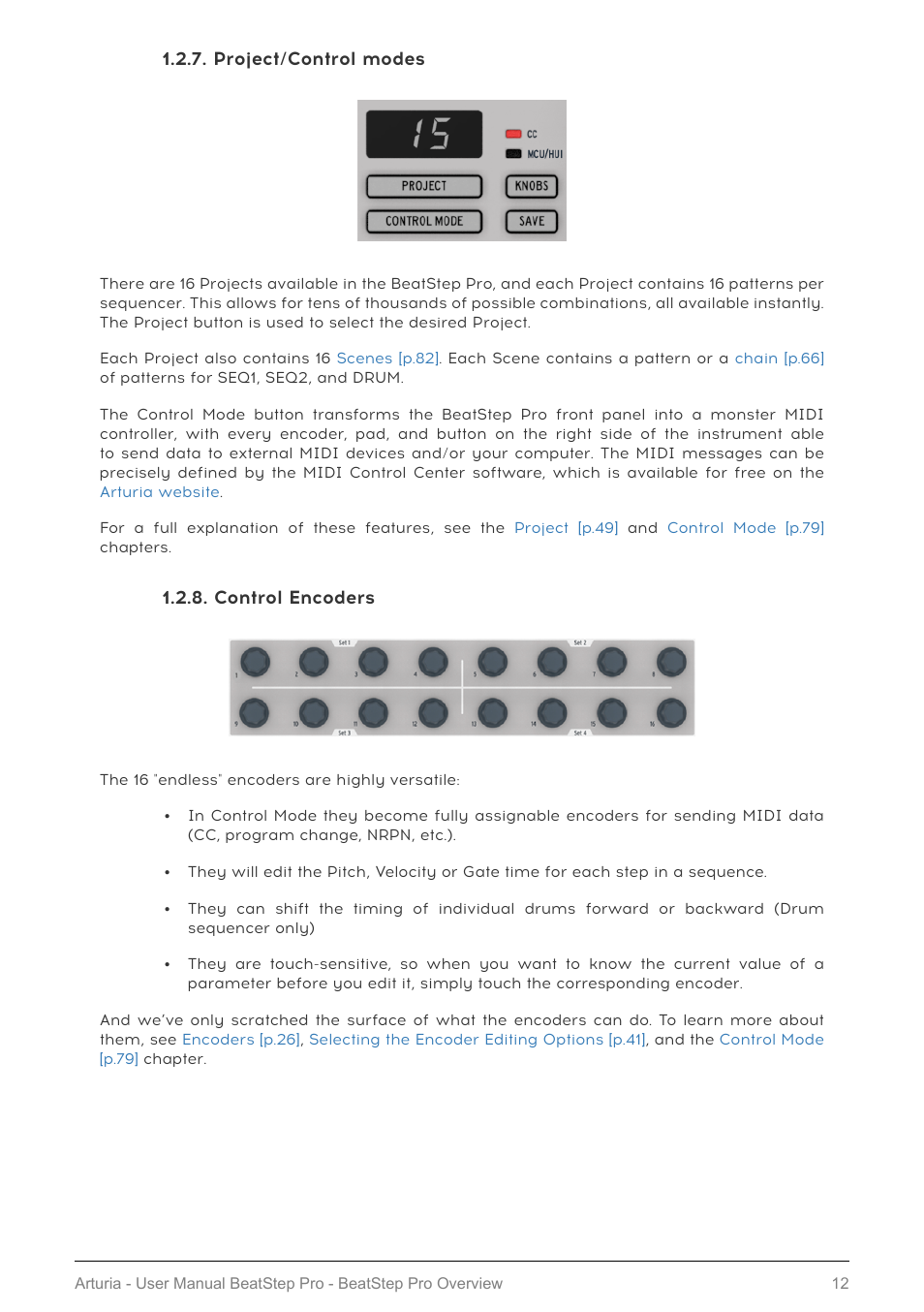 Project/control modes, Control encoders, Project/control modes [p.12 | Encoders [p.12 | Arturia BeatStep Pro MIDI/Analog Controller and Sequencer Kit with CV/Gate Cables (Black) User Manual | Page 17 / 137