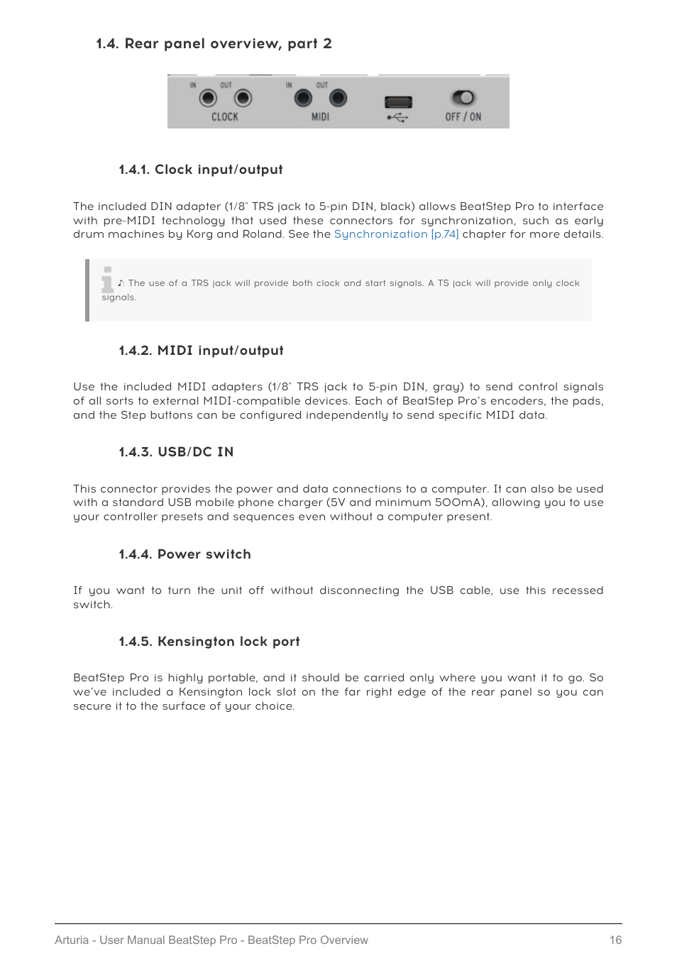Rear panel overview, part 2, Clock input/output, Midi input/output | Usb/dc in, Power switch, Kensington lock port | Arturia BeatStep Pro MIDI/Analog Controller and Sequencer Kit with CV/Gate Cables (Black) User Manual | Page 21 / 137