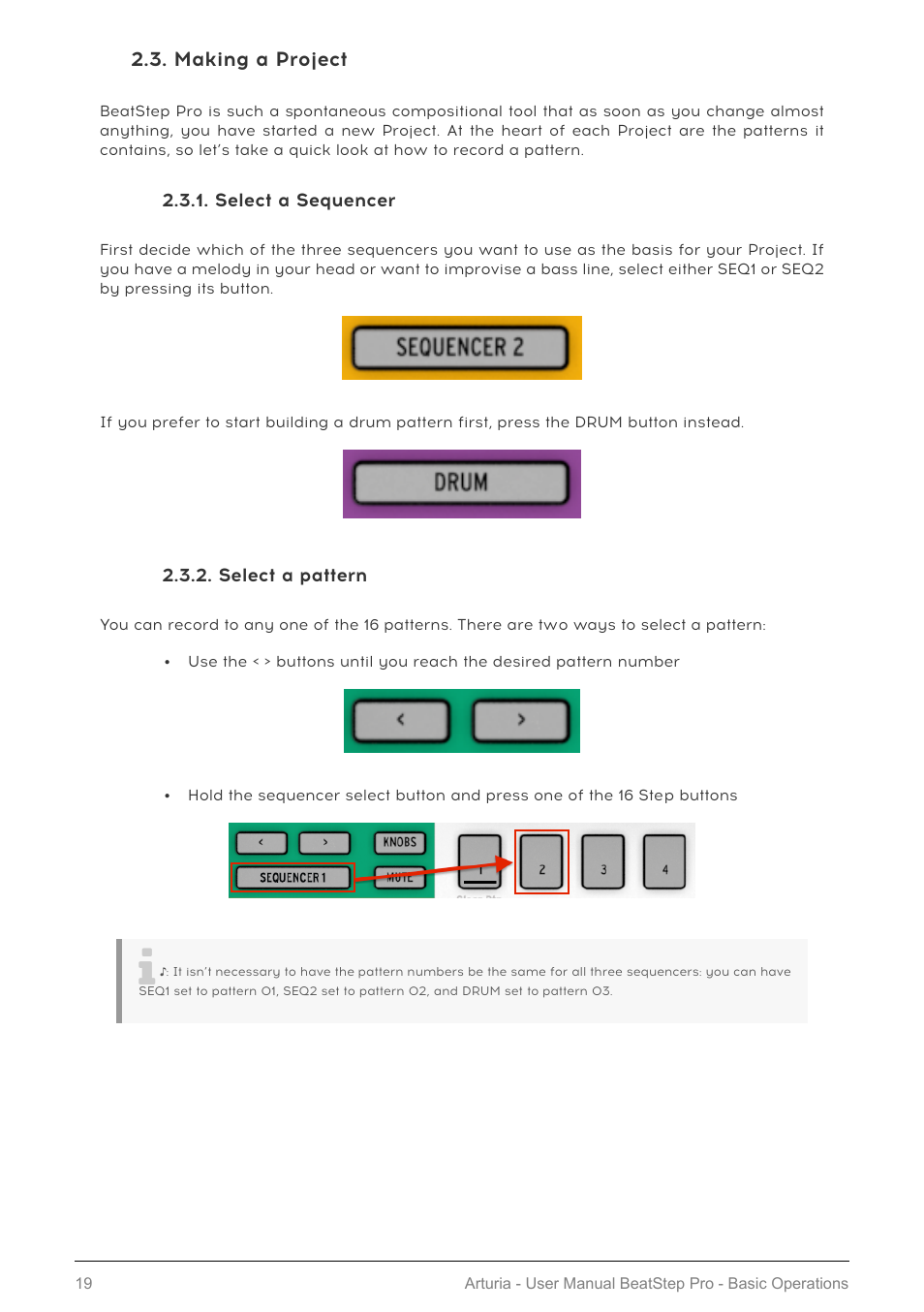 Making a project, Select a sequencer, Select a pattern | Arturia BeatStep Pro MIDI/Analog Controller and Sequencer Kit with CV/Gate Cables (Black) User Manual | Page 24 / 137