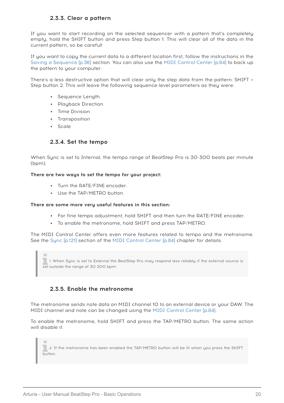 Clear a pattern, Set the tempo, Enable the metronome | Arturia BeatStep Pro MIDI/Analog Controller and Sequencer Kit with CV/Gate Cables (Black) User Manual | Page 25 / 137