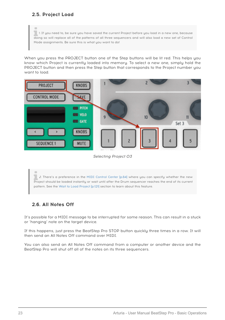 Project load, All notes off | Arturia BeatStep Pro MIDI/Analog Controller and Sequencer Kit with CV/Gate Cables (Black) User Manual | Page 28 / 137