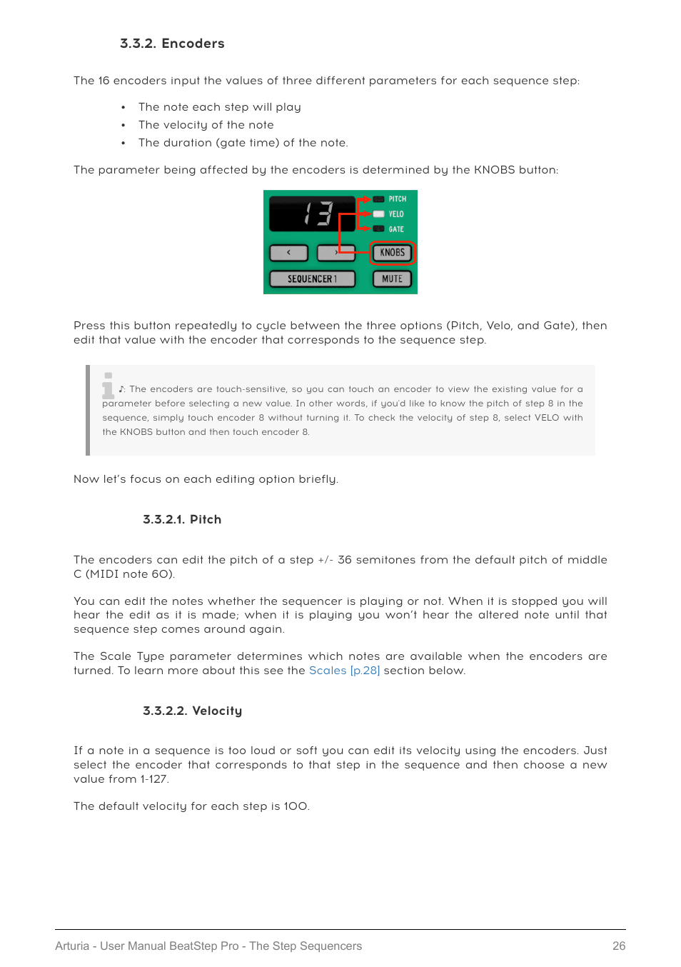 Encoders, Pitch, Velocity | Encoders [p.26 | Arturia BeatStep Pro MIDI/Analog Controller and Sequencer Kit with CV/Gate Cables (Black) User Manual | Page 31 / 137