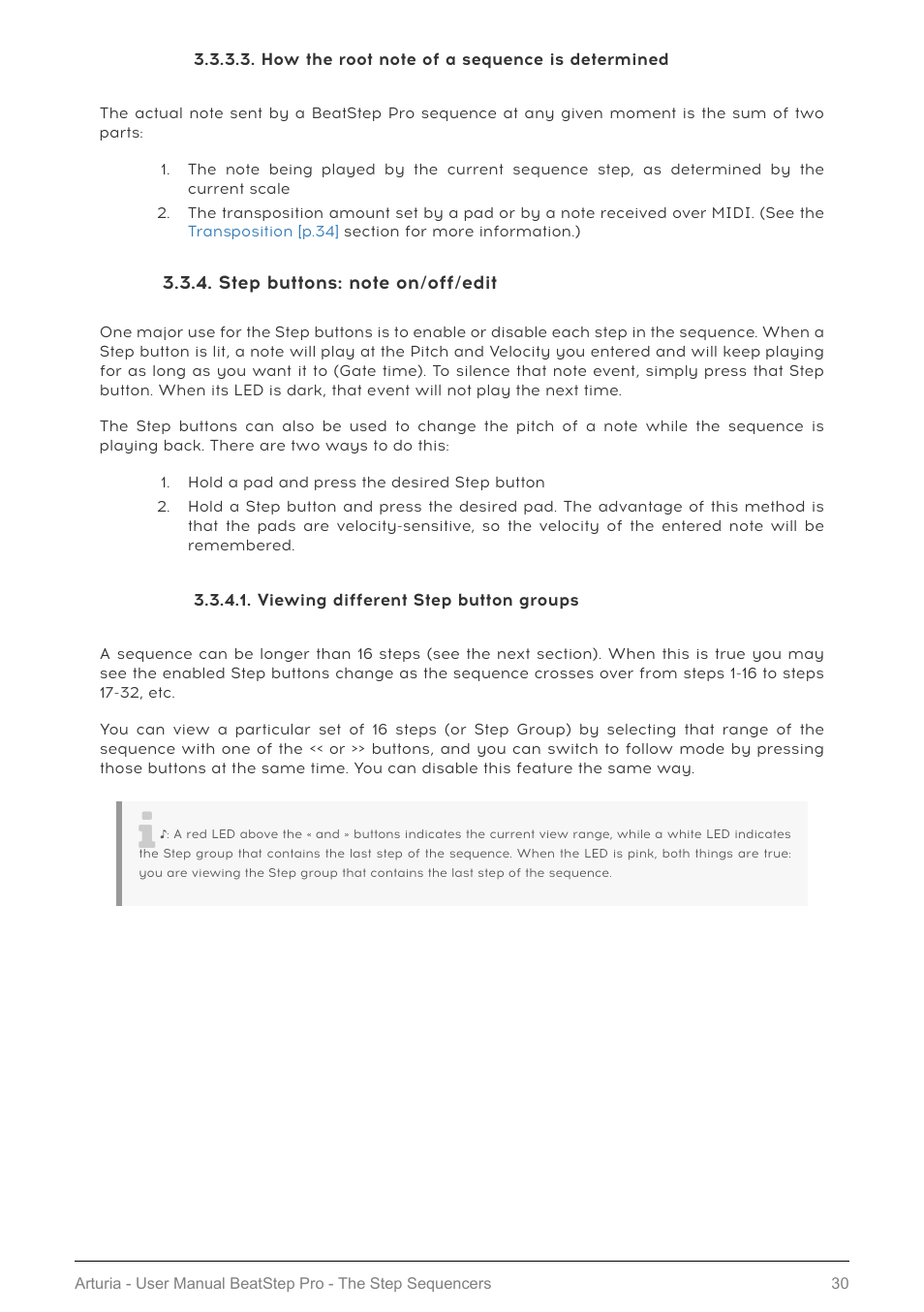 How the root note of a sequence is determined, Step buttons: note on/off/edit, Viewing different step button groups | Enter notes in a sequencer pattern [p.30 | Arturia BeatStep Pro MIDI/Analog Controller and Sequencer Kit with CV/Gate Cables (Black) User Manual | Page 35 / 137