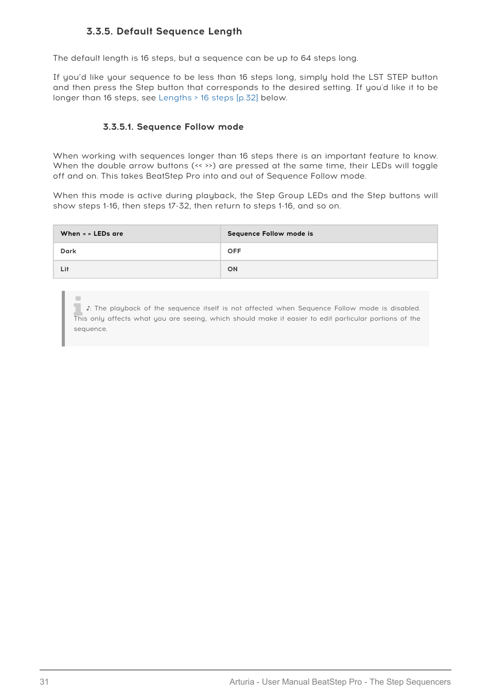 Default sequence length, Sequence follow mode, Sequence length [p.31 | Arturia BeatStep Pro MIDI/Analog Controller and Sequencer Kit with CV/Gate Cables (Black) User Manual | Page 36 / 137