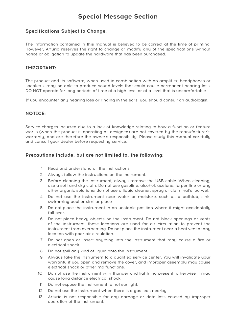 Special message section, Specifications subject to change, Important | Notice | Arturia BeatStep Pro MIDI/Analog Controller and Sequencer Kit with CV/Gate Cables (Black) User Manual | Page 4 / 137