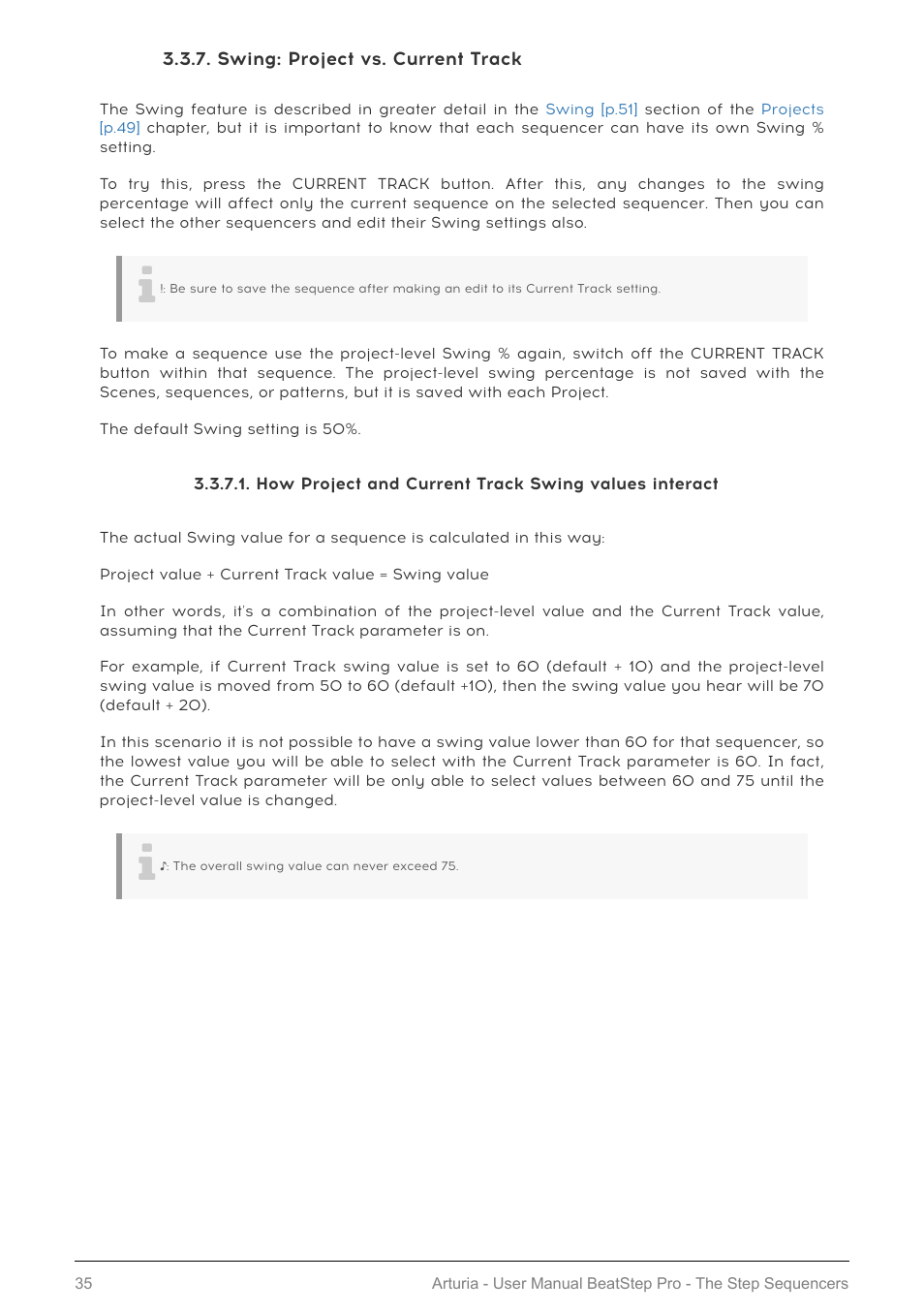 Swing: project vs. current track | Arturia BeatStep Pro MIDI/Analog Controller and Sequencer Kit with CV/Gate Cables (Black) User Manual | Page 40 / 137