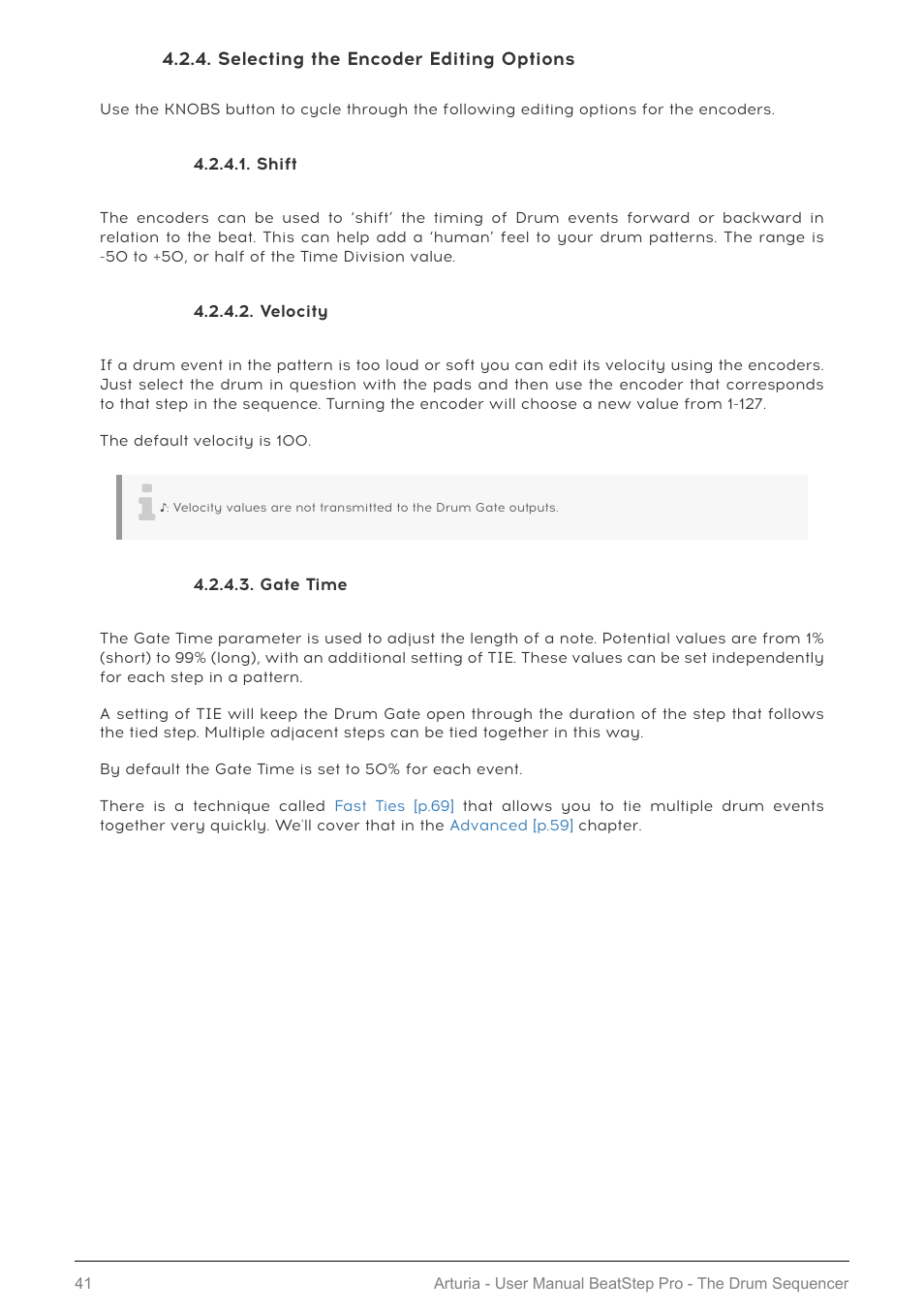 Selecting the encoder editing options, Shift, Velocity | Gate time, Selecting the encoder editing options [p.41 | Arturia BeatStep Pro MIDI/Analog Controller and Sequencer Kit with CV/Gate Cables (Black) User Manual | Page 46 / 137