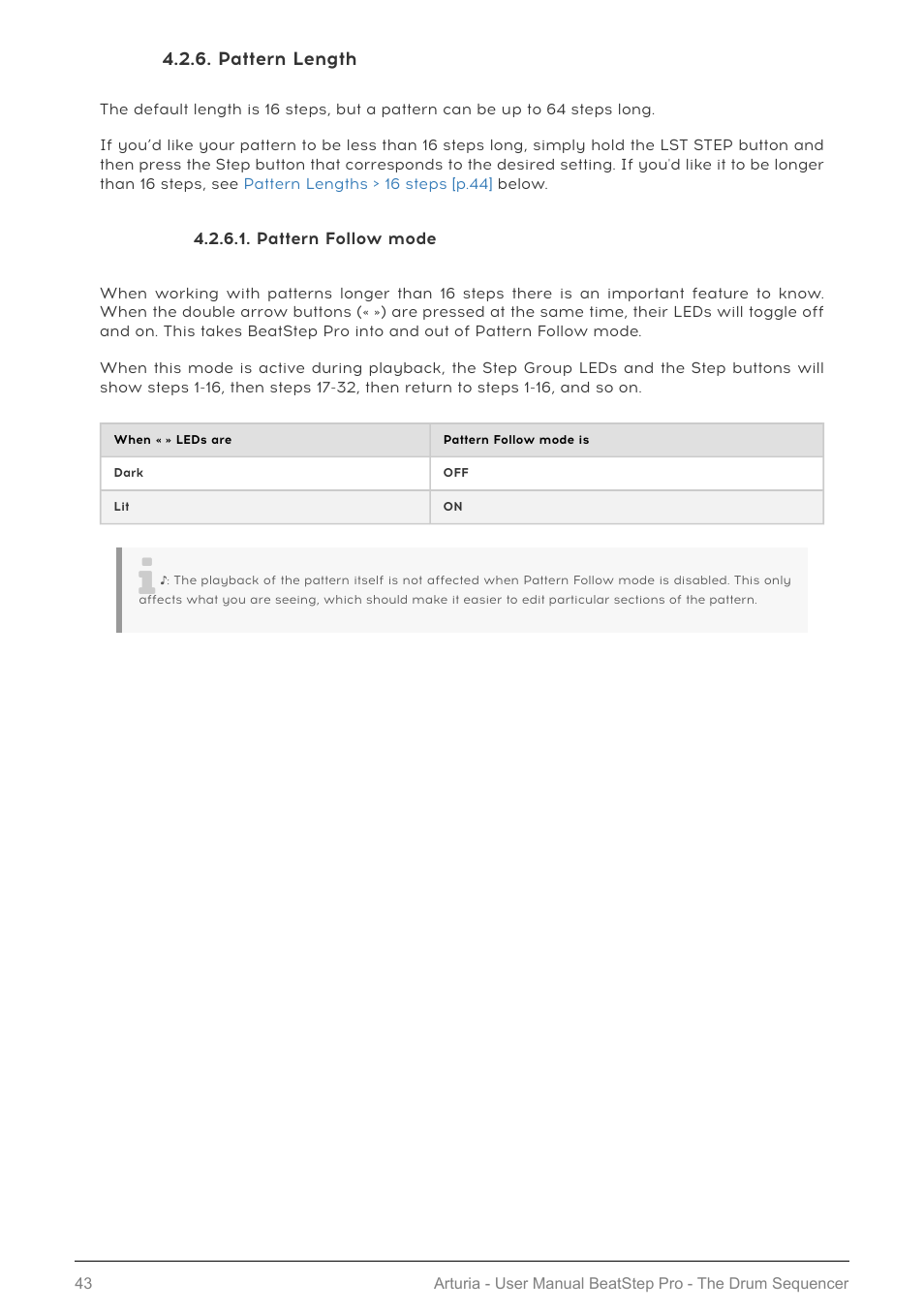 Pattern length, Pattern follow mode, Pattern length [p.43 | Arturia BeatStep Pro MIDI/Analog Controller and Sequencer Kit with CV/Gate Cables (Black) User Manual | Page 48 / 137