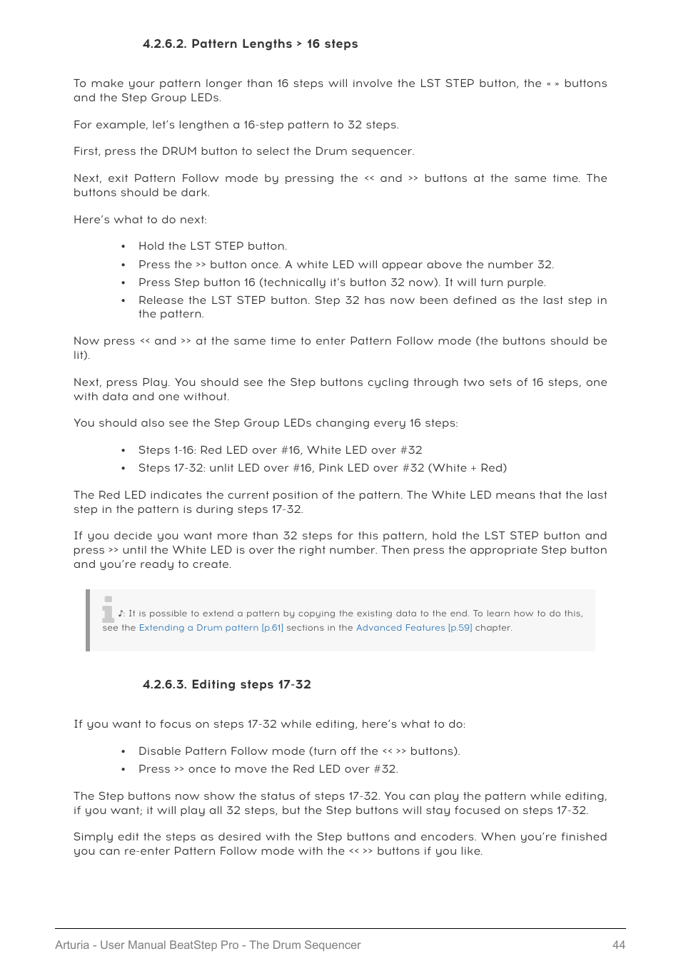Pattern lengths > 16 steps, Editing steps 17-32 | Arturia BeatStep Pro MIDI/Analog Controller and Sequencer Kit with CV/Gate Cables (Black) User Manual | Page 49 / 137
