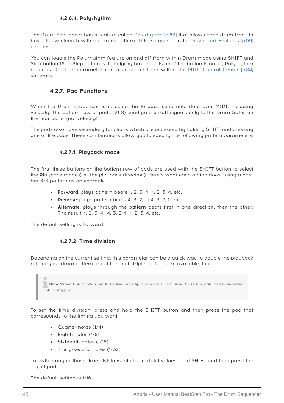Polyrhythm, Pad functions, Playback mode | Time division | Arturia BeatStep Pro MIDI/Analog Controller and Sequencer Kit with CV/Gate Cables (Black) User Manual | Page 50 / 137