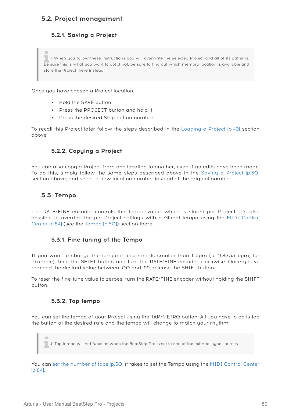 Project management, Saving a project, Copying a project | Tempo, Fine-tuning of the tempo, Tap tempo, Tempo [p.50, Project [p.50 | Arturia BeatStep Pro MIDI/Analog Controller and Sequencer Kit with CV/Gate Cables (Black) User Manual | Page 55 / 137