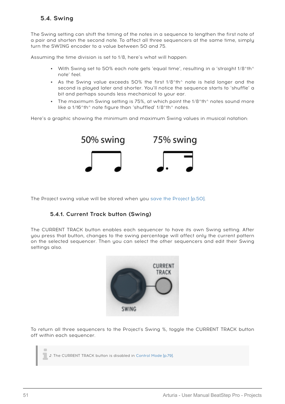 Swing, Current track button (swing), Swing [p.51 | Arturia BeatStep Pro MIDI/Analog Controller and Sequencer Kit with CV/Gate Cables (Black) User Manual | Page 56 / 137