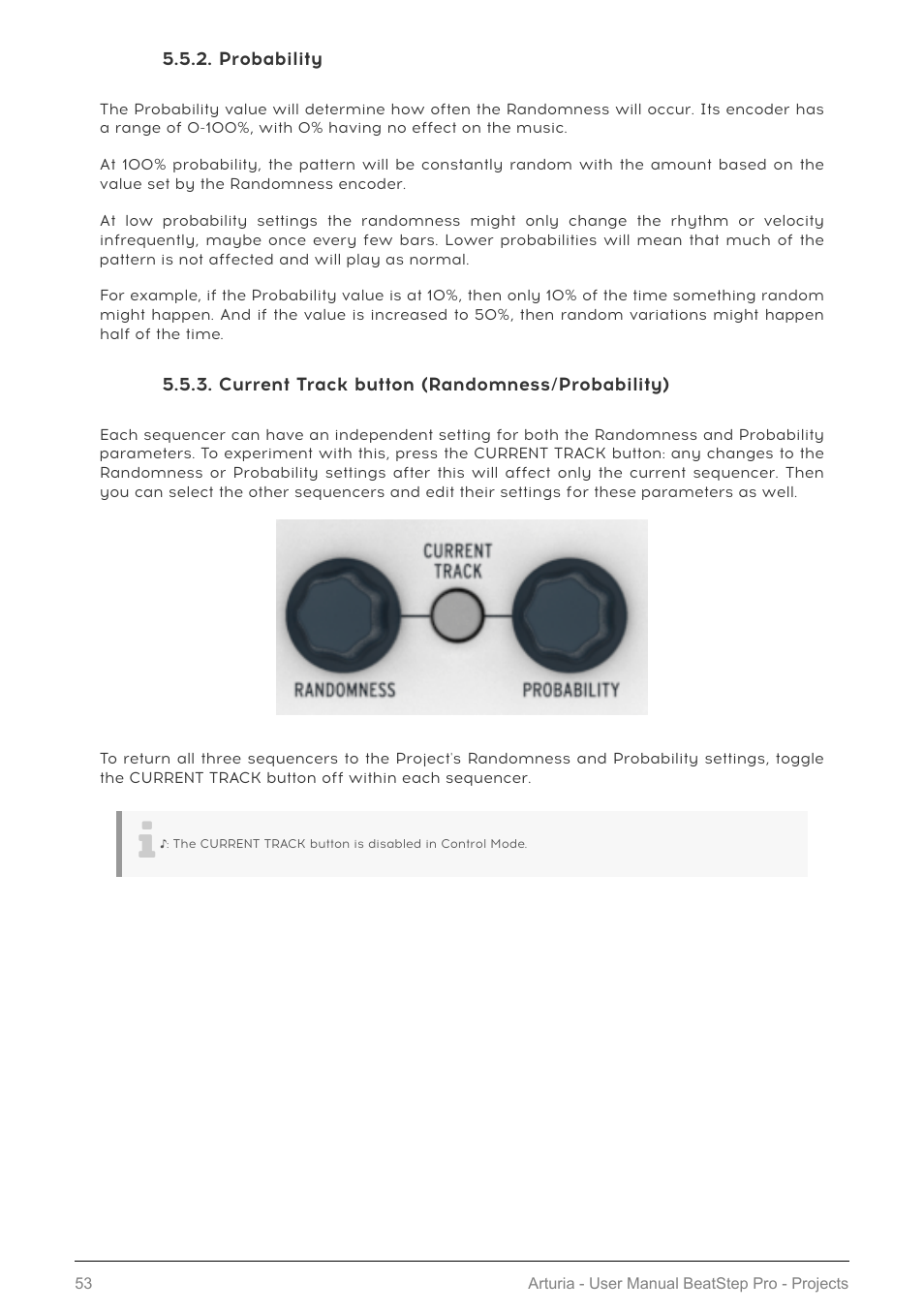 Probability, Current track button (randomness/probability) | Arturia BeatStep Pro MIDI/Analog Controller and Sequencer Kit with CV/Gate Cables (Black) User Manual | Page 58 / 137
