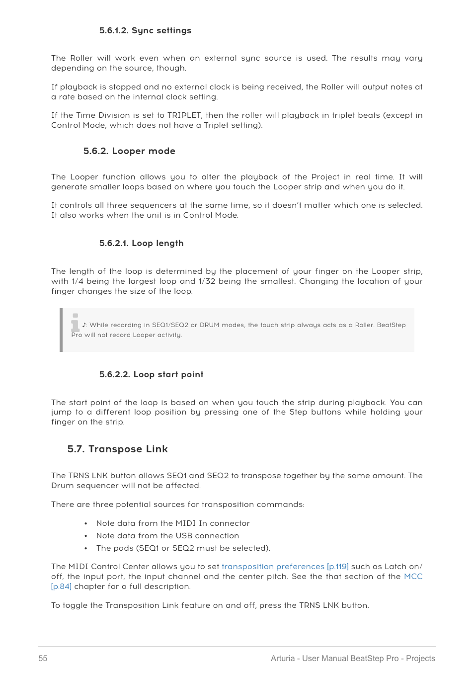 Sync settings, Looper mode, Loop length | Loop start point, Transpose link, Transpose link [p.55 | Arturia BeatStep Pro MIDI/Analog Controller and Sequencer Kit with CV/Gate Cables (Black) User Manual | Page 60 / 137