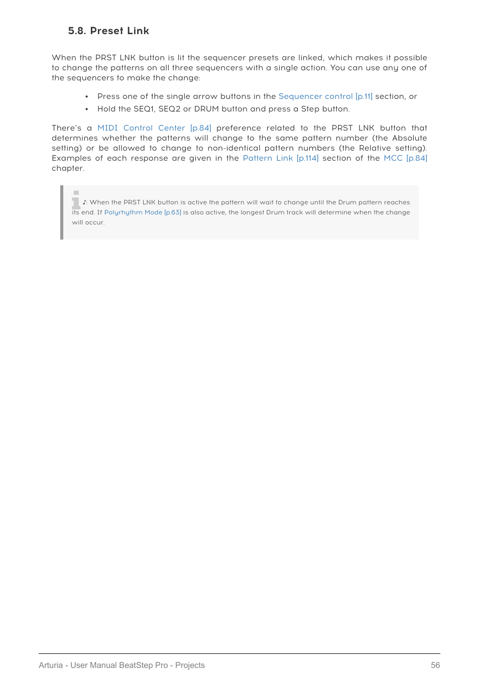 Preset link, Preset link [p.56 | Arturia BeatStep Pro MIDI/Analog Controller and Sequencer Kit with CV/Gate Cables (Black) User Manual | Page 61 / 137