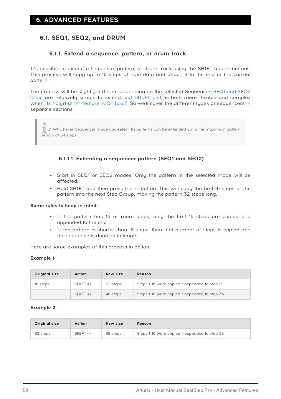 Advanced features, Seq1, seq2, and drum, Extend a sequence, pattern, or drum track | Extending a sequencer pattern (seq1 and seq2), Advanced features [p.59 | Arturia BeatStep Pro MIDI/Analog Controller and Sequencer Kit with CV/Gate Cables (Black) User Manual | Page 64 / 137