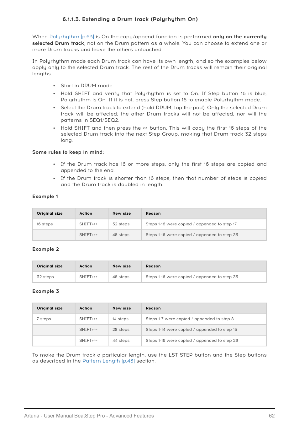 Extending a drum track (polyrhythm on), Polyrhythm feature is on [p.62 | Arturia BeatStep Pro MIDI/Analog Controller and Sequencer Kit with CV/Gate Cables (Black) User Manual | Page 67 / 137