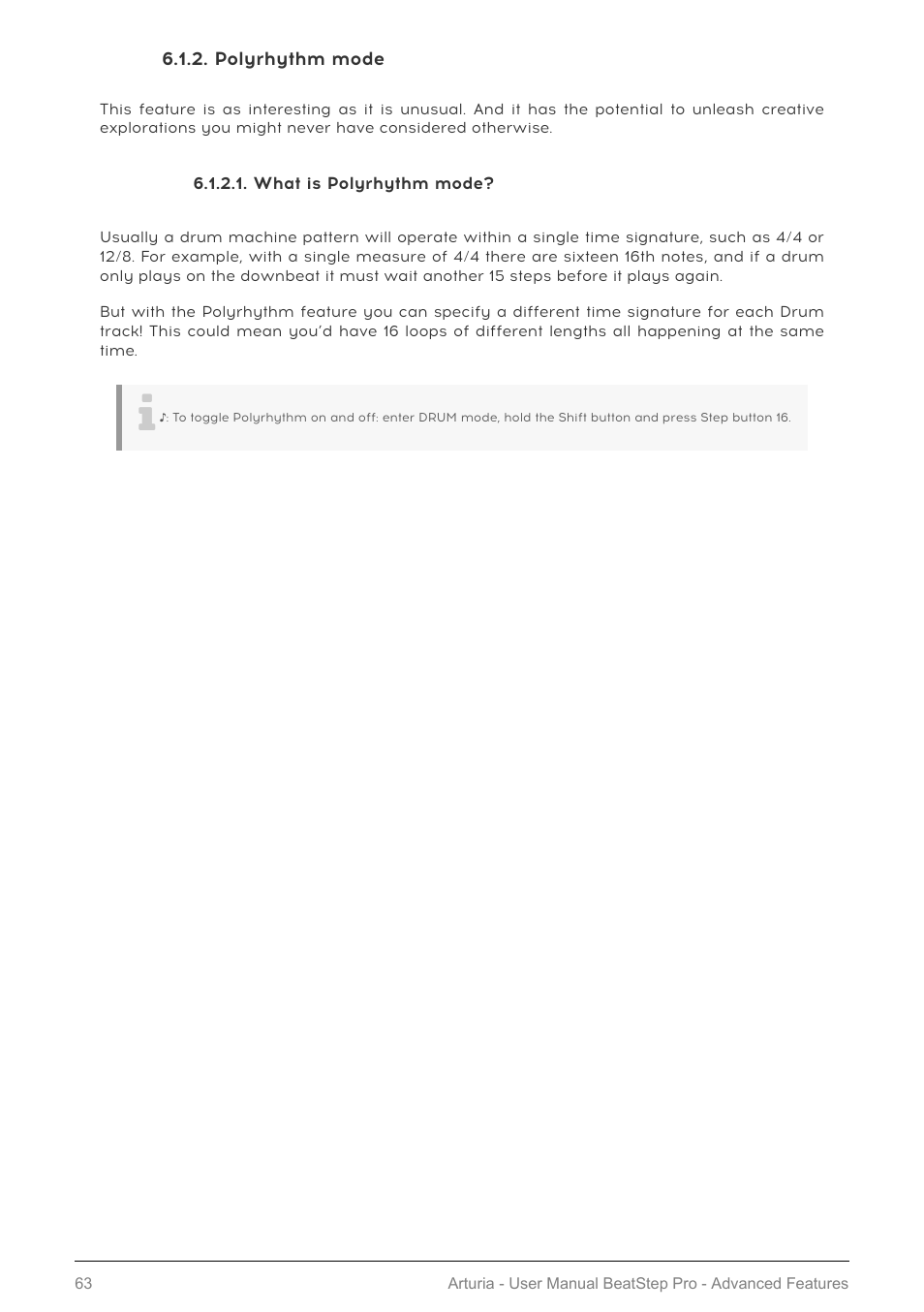 Polyrhythm mode, What is polyrhythm mode, Polyrhythm [p.63 | Polyrhythm mode [p.63 | Arturia BeatStep Pro MIDI/Analog Controller and Sequencer Kit with CV/Gate Cables (Black) User Manual | Page 68 / 137