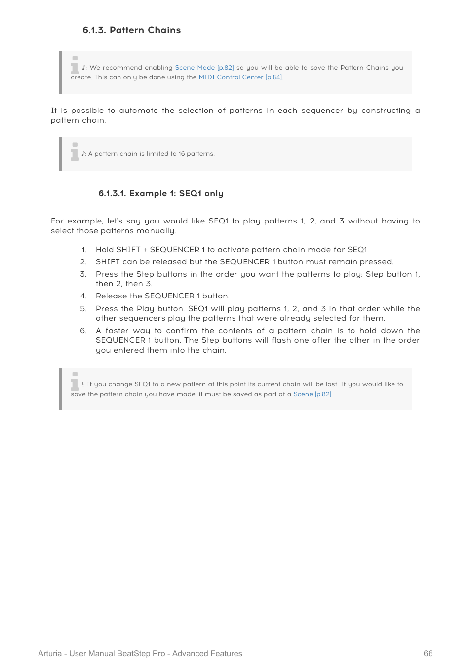 Pattern chains, Example 1: seq1 only, Chain [p.66 | Pattern chain [p.66 | Arturia BeatStep Pro MIDI/Analog Controller and Sequencer Kit with CV/Gate Cables (Black) User Manual | Page 71 / 137
