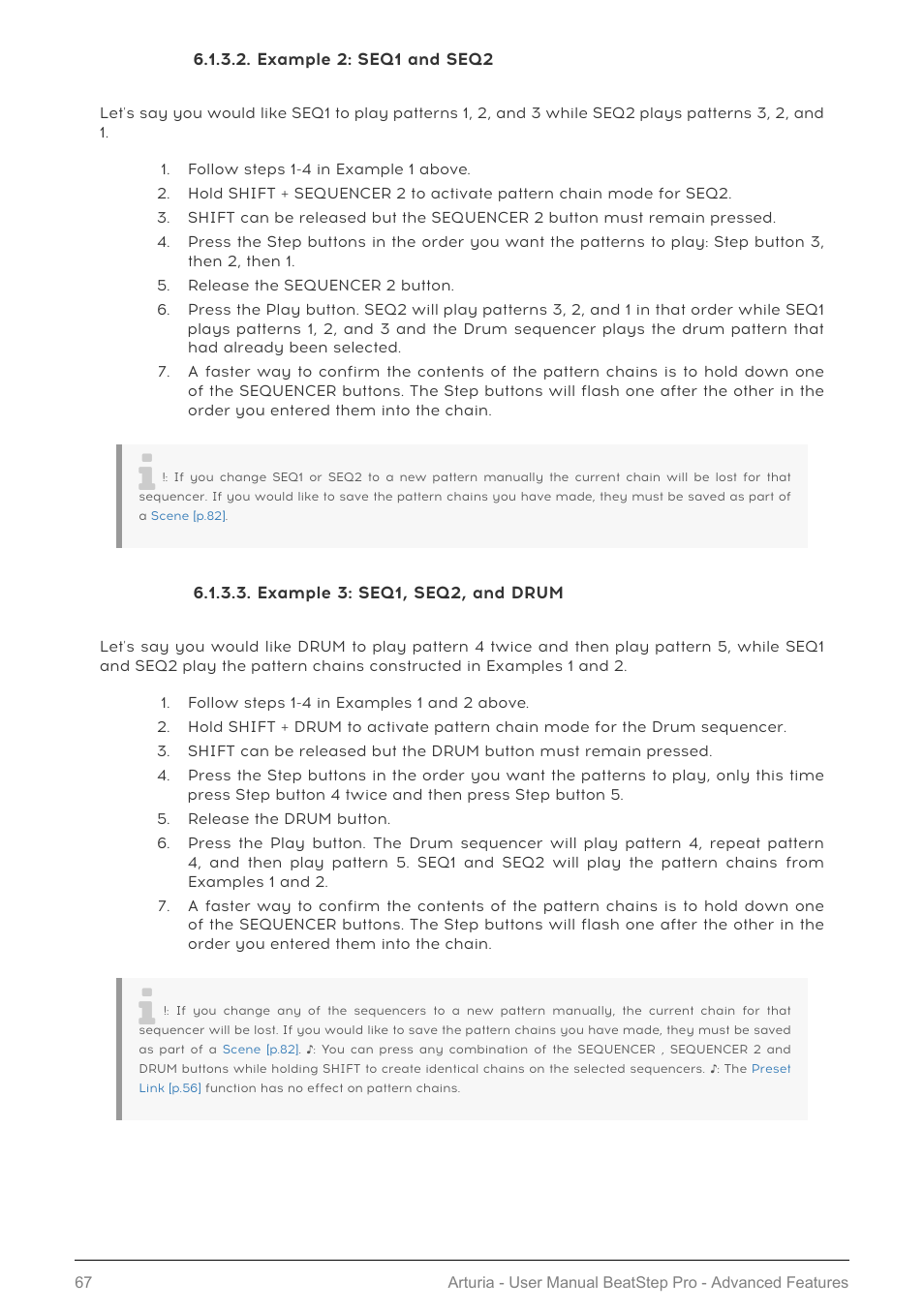 Example 2: seq1 and seq2, Example 3: seq1, seq2, and drum | Arturia BeatStep Pro MIDI/Analog Controller and Sequencer Kit with CV/Gate Cables (Black) User Manual | Page 72 / 137