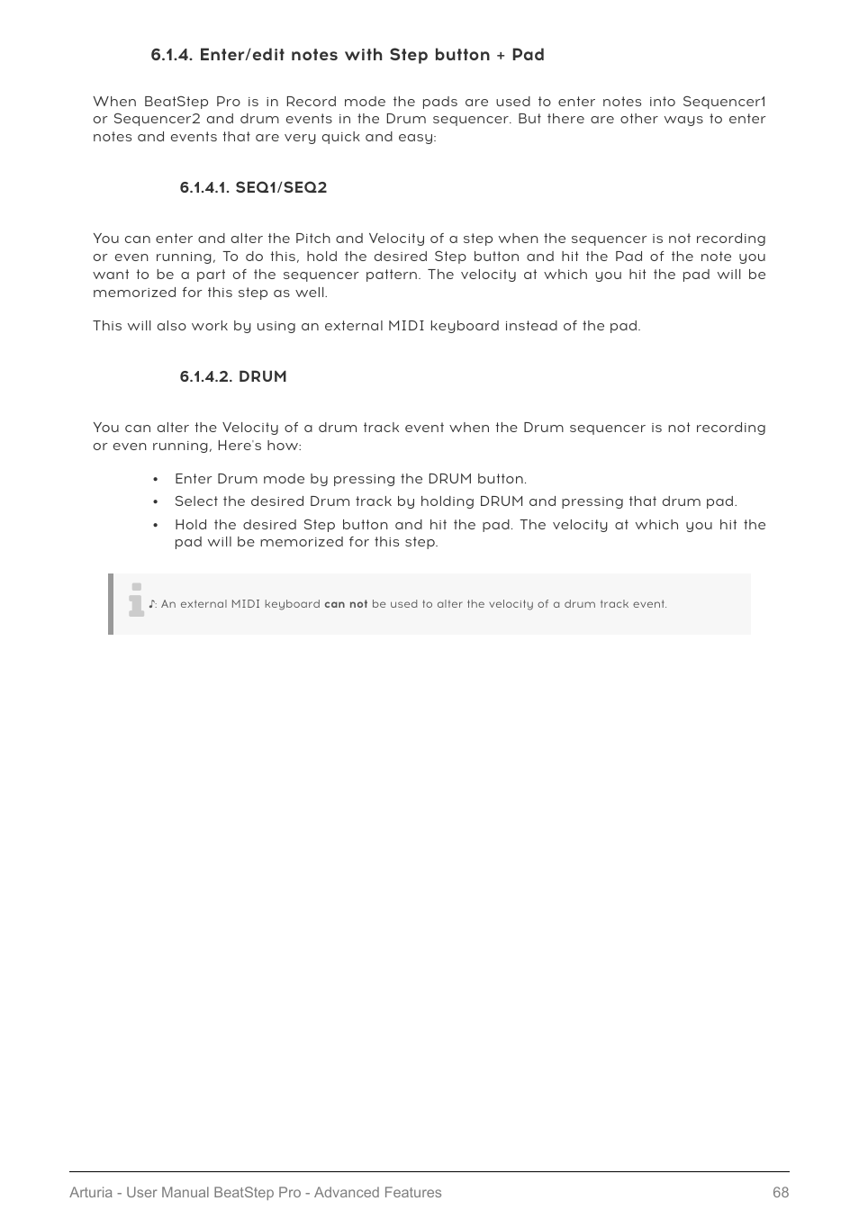 Enter/edit notes with step button + pad, Seq1/seq2, Drum | Arturia BeatStep Pro MIDI/Analog Controller and Sequencer Kit with CV/Gate Cables (Black) User Manual | Page 73 / 137