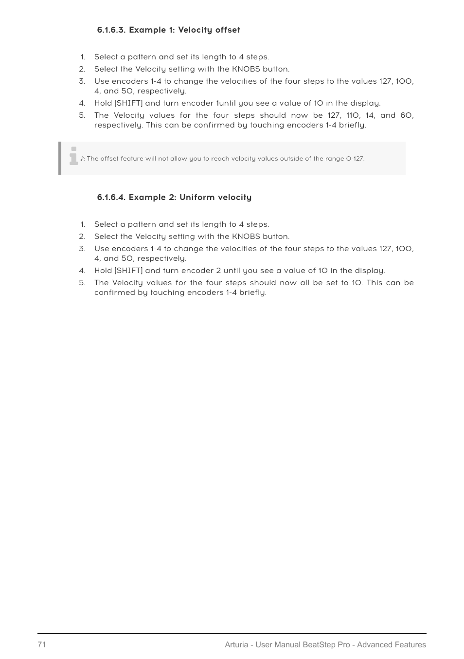 Example 1: velocity offset, Example 2: uniform velocity, Example 1 [p.71 | Example 2 [p.71 | Arturia BeatStep Pro MIDI/Analog Controller and Sequencer Kit with CV/Gate Cables (Black) User Manual | Page 76 / 137