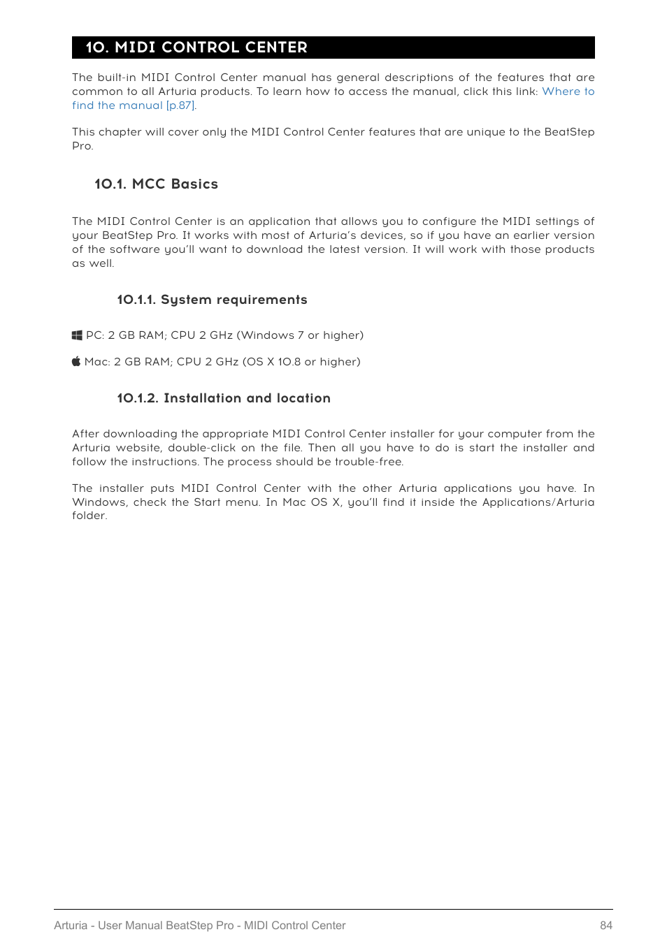 Midi control center, Mcc basics, System requirements | Installation and location, Mcc [p.84, Midi control center [p.84, Midi, Control center [p.84, Midi control, Center [p.84 | Arturia BeatStep Pro MIDI/Analog Controller and Sequencer Kit with CV/Gate Cables (Black) User Manual | Page 89 / 137