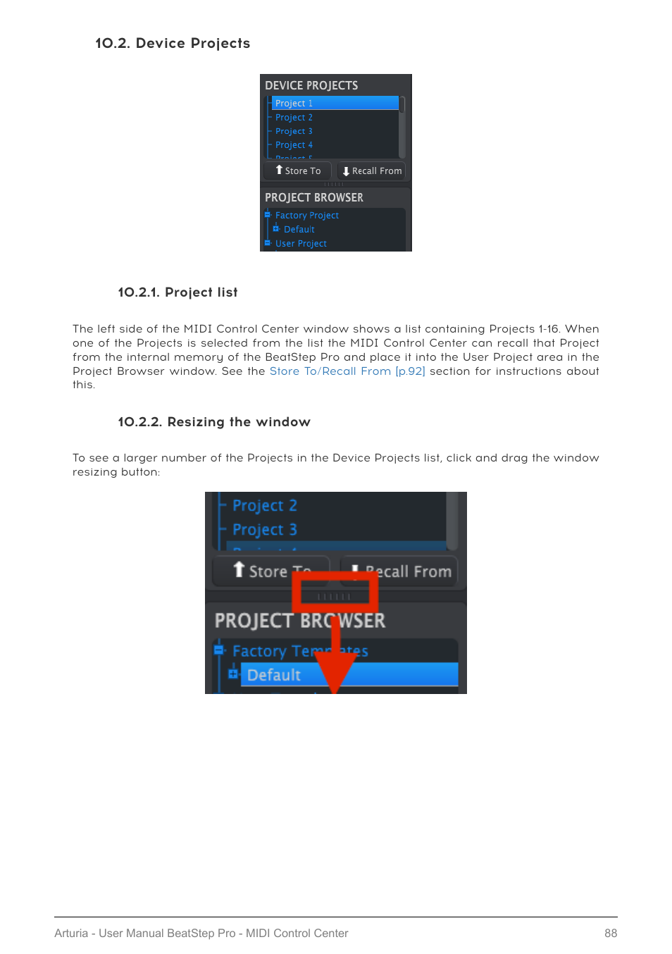 Device projects, Project list, Resizing the window | Arturia BeatStep Pro MIDI/Analog Controller and Sequencer Kit with CV/Gate Cables (Black) User Manual | Page 93 / 137
