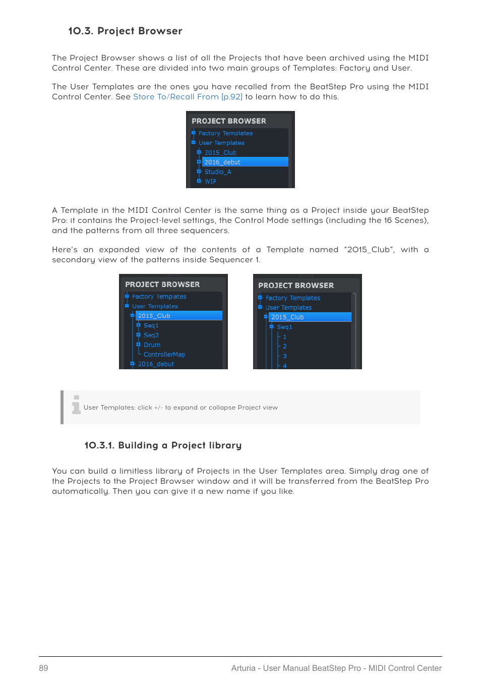 Project browser, Building a project library | Arturia BeatStep Pro MIDI/Analog Controller and Sequencer Kit with CV/Gate Cables (Black) User Manual | Page 94 / 137