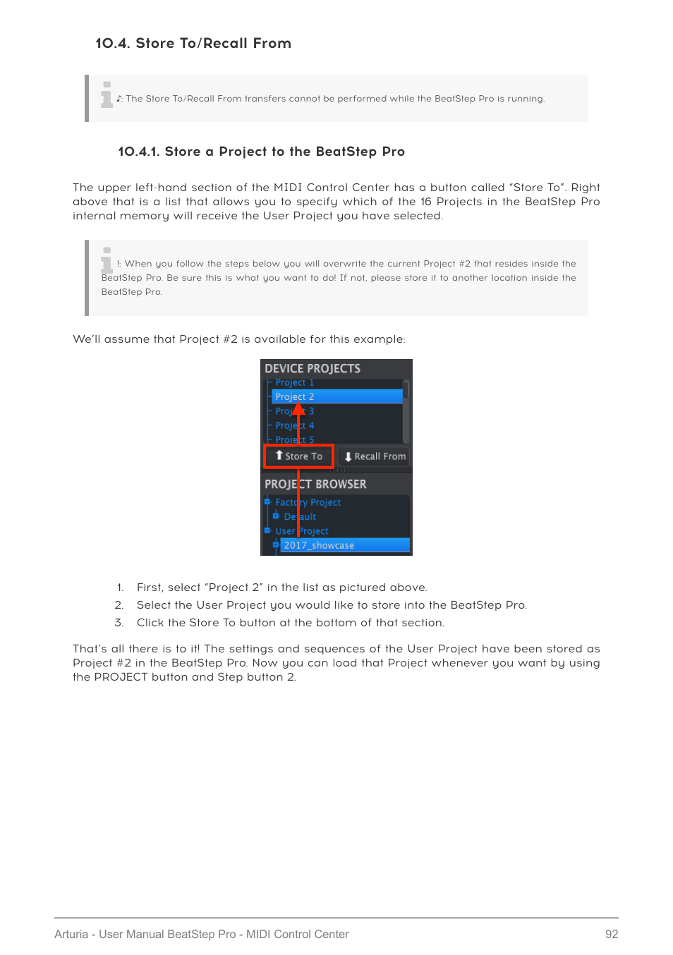 Store to/recall from, Store a project to the beatstep pro, Store to/recall from [p.92 | Arturia BeatStep Pro MIDI/Analog Controller and Sequencer Kit with CV/Gate Cables (Black) User Manual | Page 97 / 137