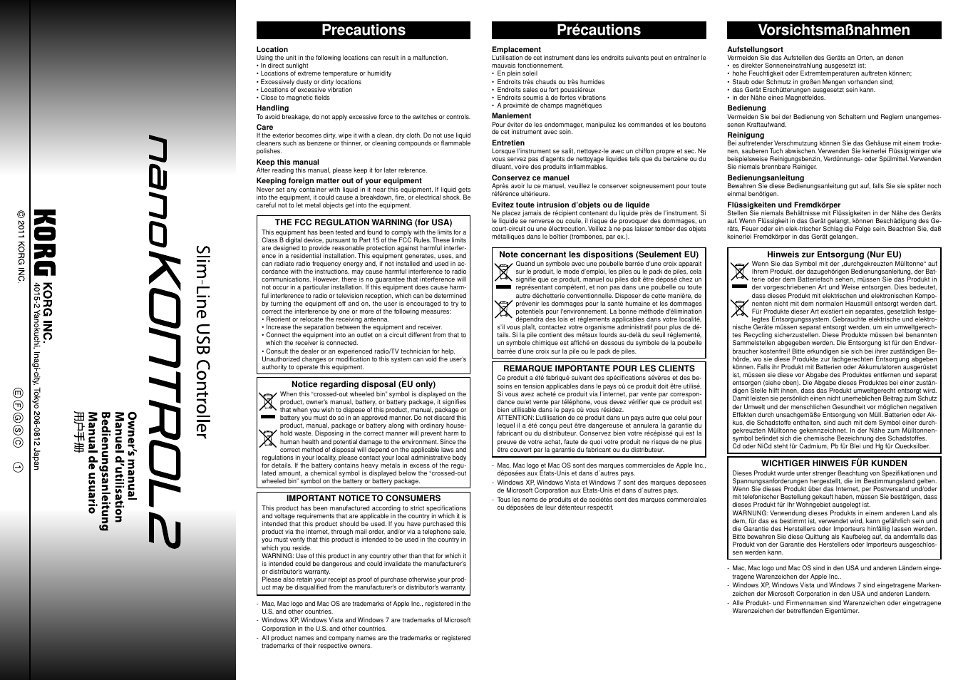 KORG nanoKONTROL2 - Slim-Line USB MIDI Controller (Black) User Manual | 7 pages