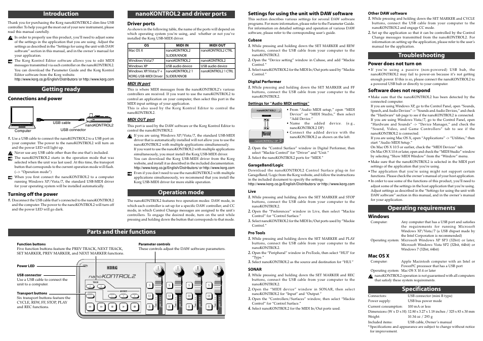 Introduction, Getting ready, Parts and their functions | Nanokontrol2 and driver ports, Operation mode, Troubleshooting, Operating requirements, Specifications | KORG nanoKONTROL2 - Slim-Line USB MIDI Controller (Black) User Manual | Page 3 / 7