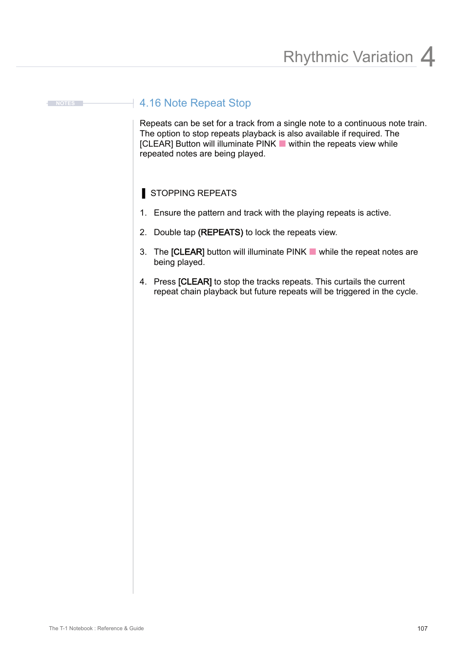 16 note repeat stop, Rhythmic variation | Torso Electronics T-1 16-Track Algorithmic Desktop Sequencer User Manual | Page 107 / 230