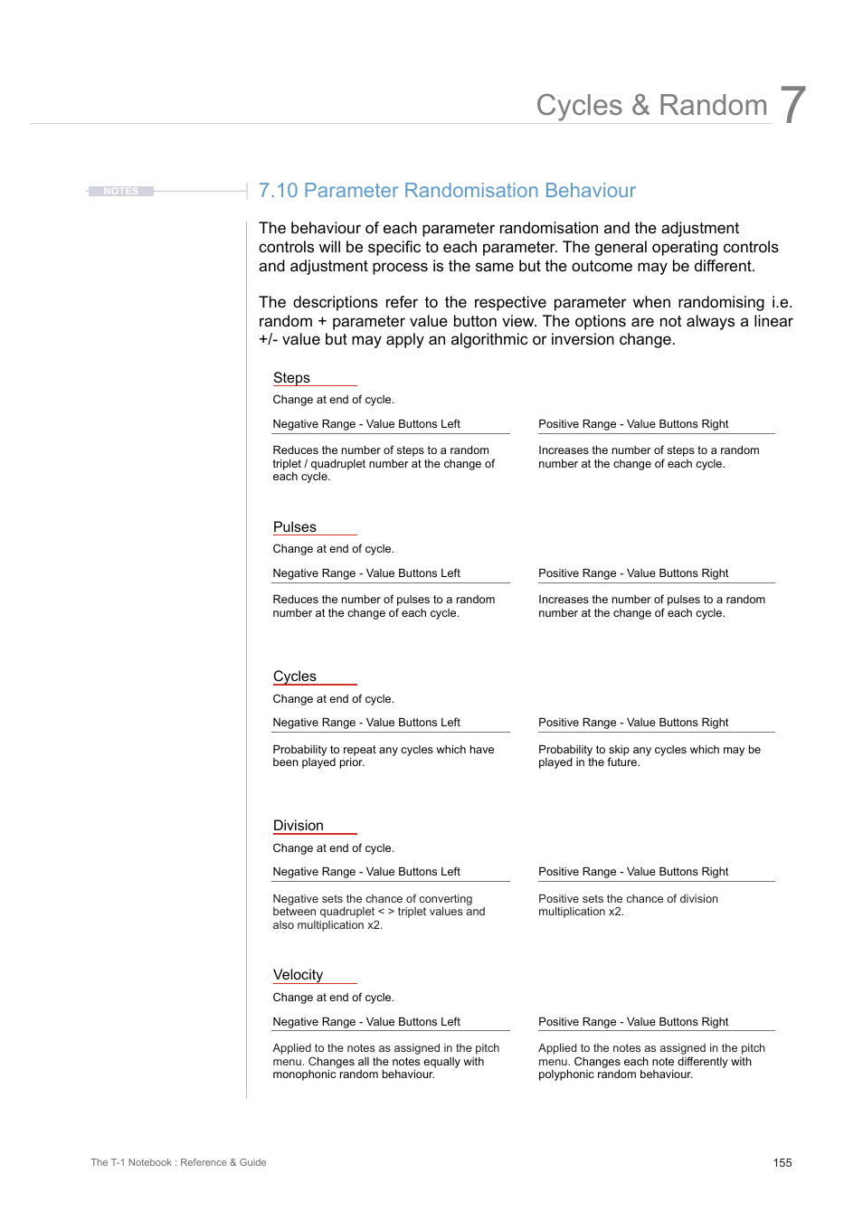 10 parameter randomisation behaviour, Cycles & random | Torso Electronics T-1 16-Track Algorithmic Desktop Sequencer User Manual | Page 155 / 230