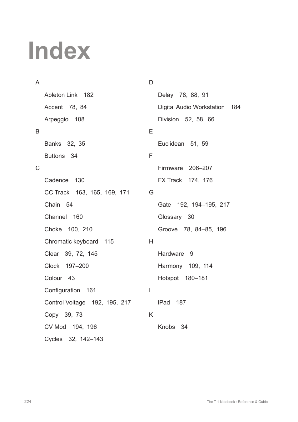 Index | Torso Electronics T-1 16-Track Algorithmic Desktop Sequencer User Manual | Page 224 / 230