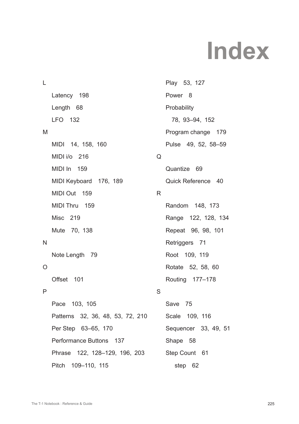 Index | Torso Electronics T-1 16-Track Algorithmic Desktop Sequencer User Manual | Page 225 / 230