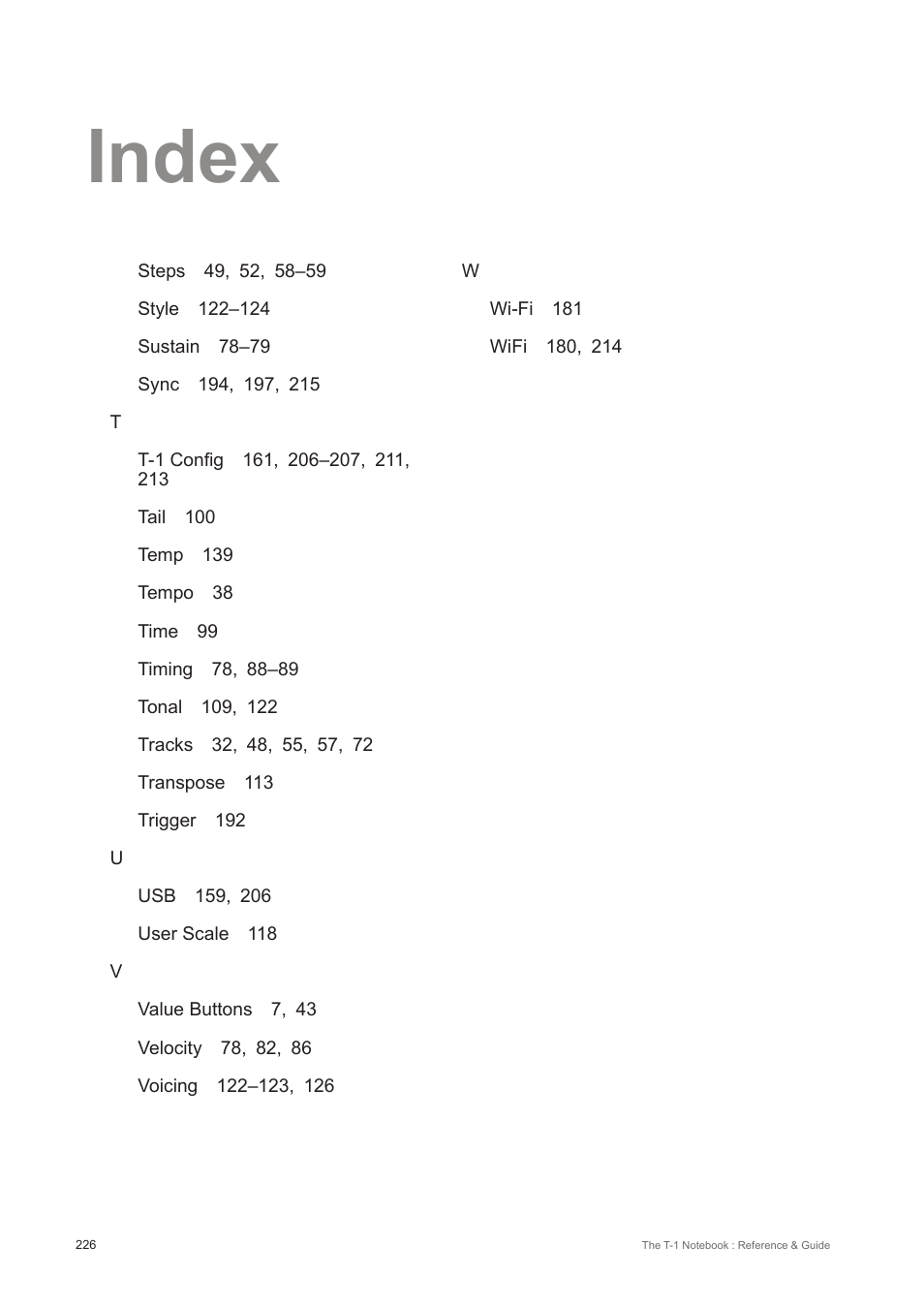 Index | Torso Electronics T-1 16-Track Algorithmic Desktop Sequencer User Manual | Page 226 / 230