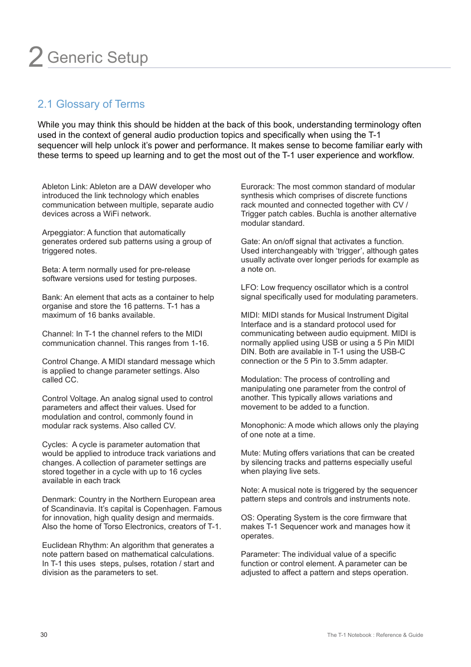 1 glossary of terms, Generic setup | Torso Electronics T-1 16-Track Algorithmic Desktop Sequencer User Manual | Page 30 / 230