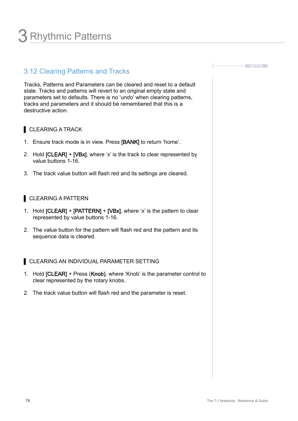 12 clearing patterns and tracks, Rhythmic patterns | Torso Electronics T-1 16-Track Algorithmic Desktop Sequencer User Manual | Page 74 / 230