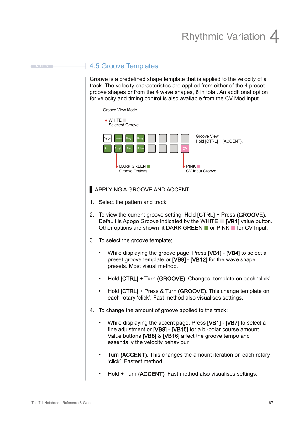 5 groove templates, Rhythmic variation | Torso Electronics T-1 16-Track Algorithmic Desktop Sequencer User Manual | Page 87 / 230
