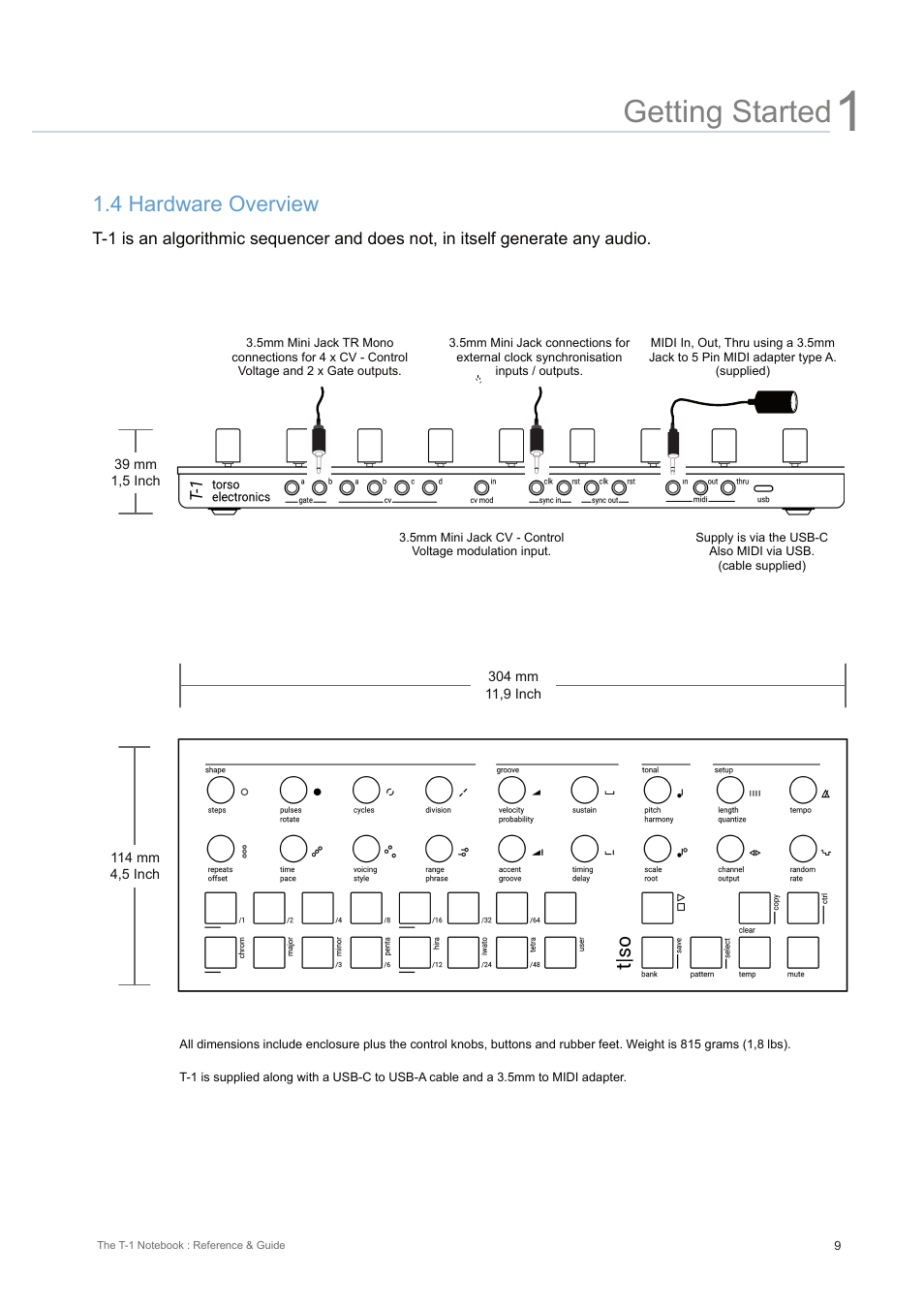 4 hardware overview, Getting started | Torso Electronics T-1 16-Track Algorithmic Desktop Sequencer User Manual | Page 9 / 230