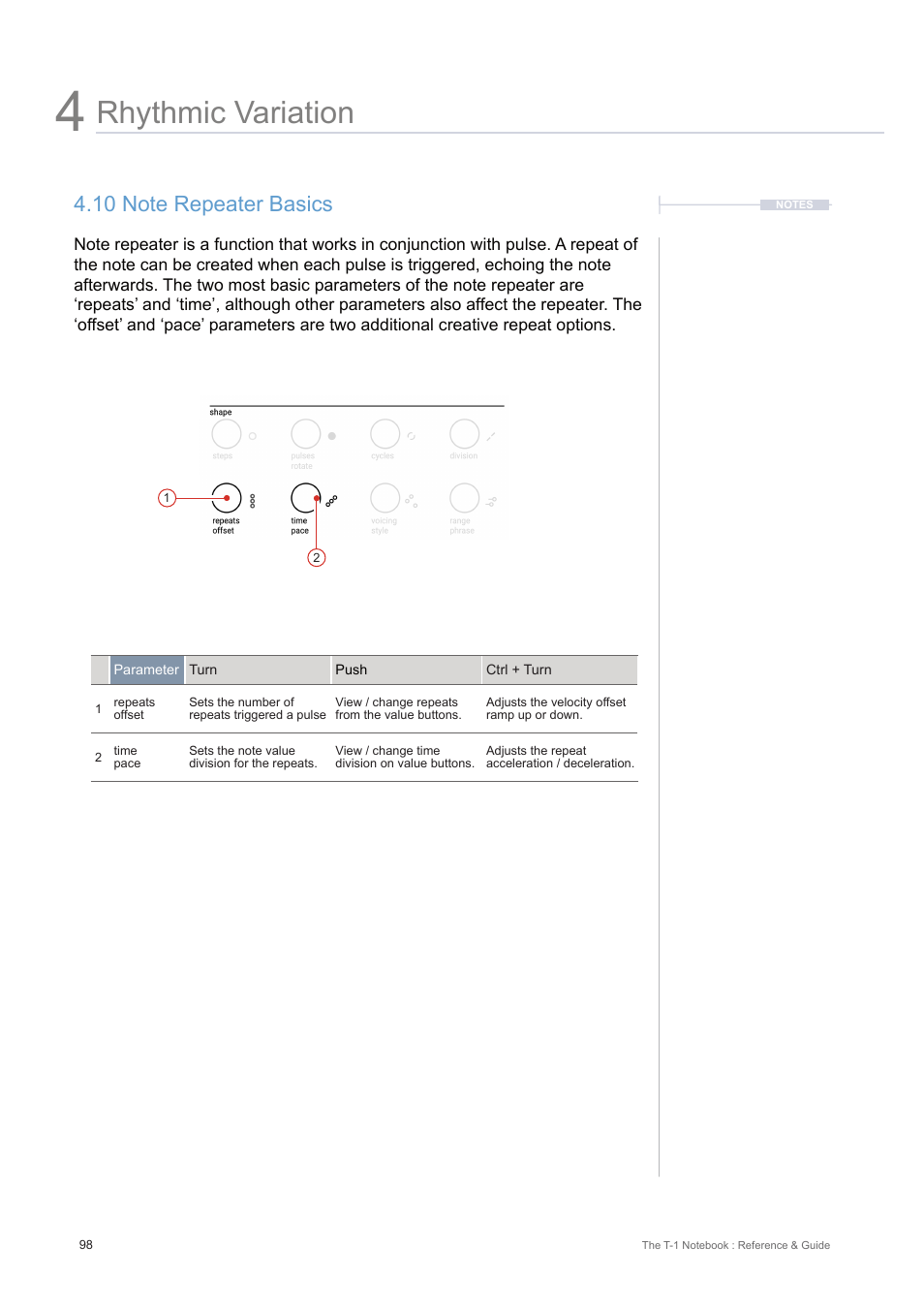 10 note repeater basics, Rhythmic variation | Torso Electronics T-1 16-Track Algorithmic Desktop Sequencer User Manual | Page 98 / 230