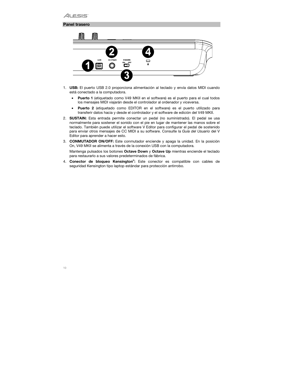 Panel trasero | ALESIS V49 MKII 49-Key USB MIDI Keyboard Controller User Manual | Page 10 / 24