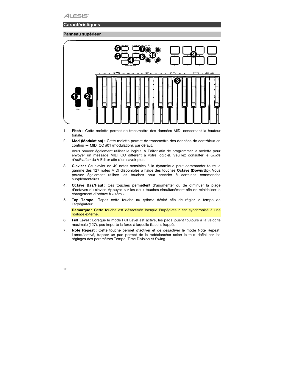 Caractéristiques, Panneau supérieur | ALESIS V49 MKII 49-Key USB MIDI Keyboard Controller User Manual | Page 12 / 24