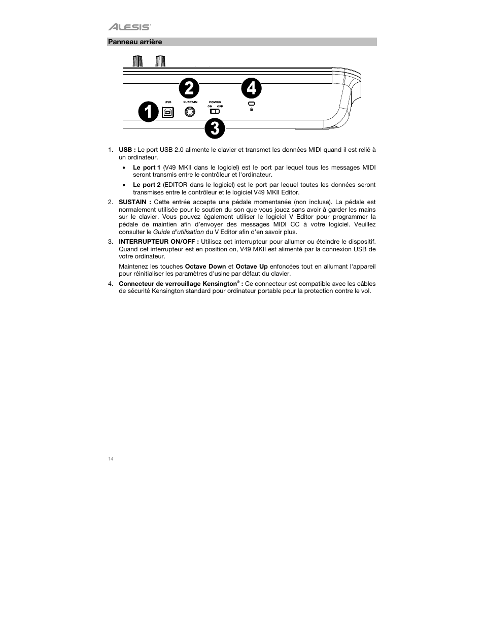 Panneau arrière | ALESIS V49 MKII 49-Key USB MIDI Keyboard Controller User Manual | Page 14 / 24